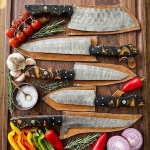 5 Piece Damascus Steel Knife Set, Handmade Chef Knives, Raindrop Pattern Kitchen Knife Set, Hammered Blade Knives,with Leather Bag