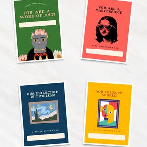 Cartões de Dia dos Namorados de Artista de Obra de Arte, 4 Designs, Imprimíveis, Mona Lisa Engraçada, Frida Kahlo, Van Gogh, Dia dos Namorados de Classe para Escola, Cartões Digitais