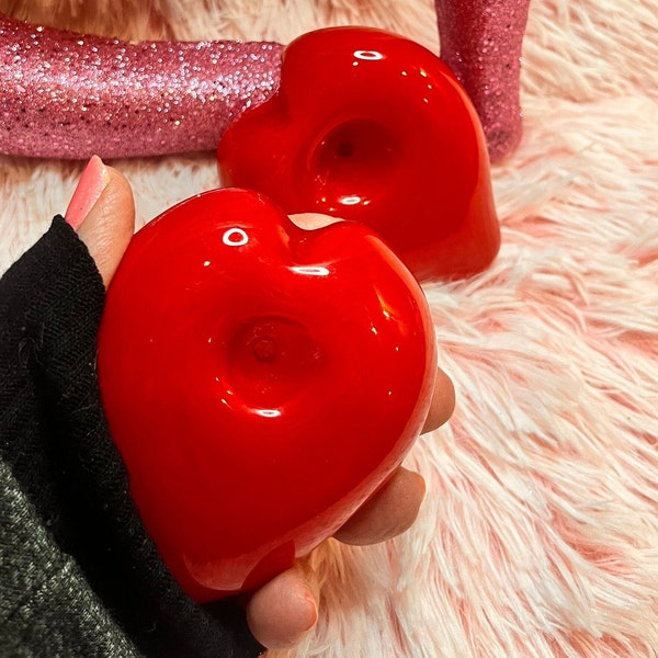 Large Thick Red Heart Glass Smoking Bowl  Color Changing Pipe