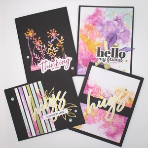 Juego de tarjetas de felicitación hechas a mano: elegantes diseños en negro y acuarela. Tarjetas de "Hola, abrazos, pensando en ti, amistad".