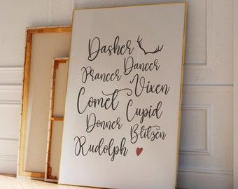 Puede incluir: Una impresión en lienzo blanco con texto negro que enumera los nombres de los renos de Santa Claus: Dasher, Dancer, Prancer, Vixen, Comet, Cupid, Donner, Blitzen y Rudolph con un corazón rojo.