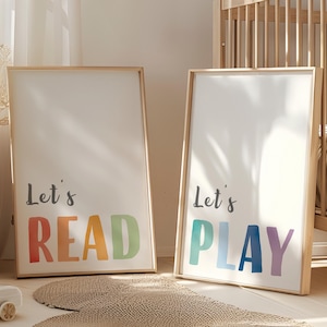Rainbow Nursery Posters: Let&#39;s Read, Let&#39;s Play, Playroom Wall Decor (Digital Download)