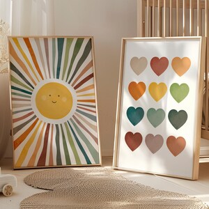 Set von 2 Regenbogen Spielzimmer Poster, Sonne Poster, Aquarell Kinderzimmer Wand Dekor, Regenbogen Herzen, Aquarell Sonne Druck, Digital Download