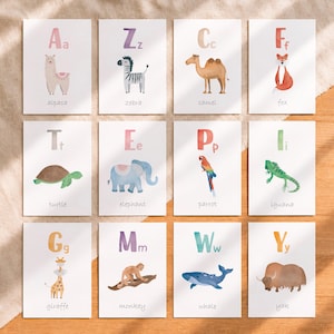 Pode incluir: Um conjunto de doze cartões de alfabeto animal em aquarela. Cada cartão apresenta uma letra e uma ilustração de animal, incluindo alpaca, zebra, camelo, raposa, tartaruga, elefante, papagaio, iguana, girafa, macaco, baleia e iaque.