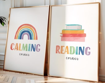 Calming Corner Sign, Reading Corner Sign, Rainbow Classroom Wall Decor, Classroom Wall Art, Rainbow Educational Posters, Digital Download