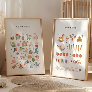 Watercolor Alphabet and Numbers, Homeschool Posters, Cute ABC Poster, Playroom Wall Decor, Nursery Alphabet and Numbers, Digital Download
