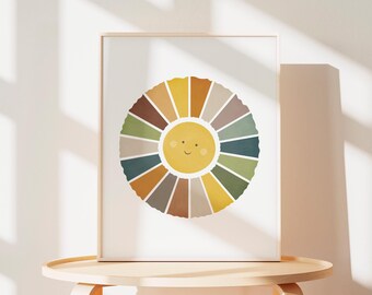 Impresión de la sala de juegos del sol, cartel del sol de la acuarela, decoración de la pared de la guardería, arte de la pared del vivero del arco iris, arte de la pared del sol, decoración de la habitación de las niñas, descarga digital
