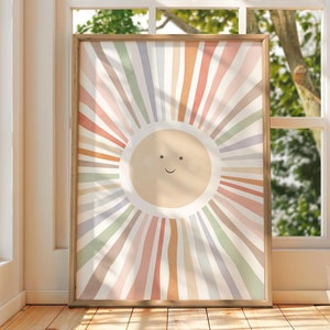 Póster de sol para guardería, impresión de sol boho, arte de pared para guardería, decoración de habitación de niñas, póster neutro para sala de juegos, decoración de sala de juegos con sol, descarga digital