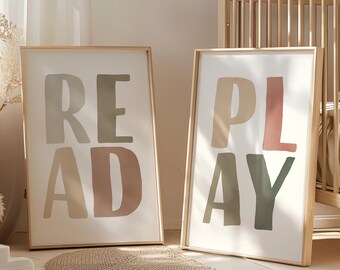 Read Play Playroom Posters, Toddler Room Wall Art, Homeschool Decor, Neutral Nursery Wall Decor, Let's Play Print, Digital Download