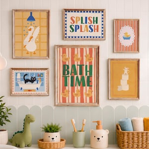 May include: A bathroom scene with framed art featuring ducks, a goose, and the words "Splish Splash" and "Bath Time." Accessories include a bear-shaped soap dispenser, a green dinosaur, and storage baskets with animal faces.