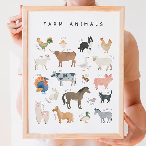Farm Animals Poster, Educational Poster, Nursery Wall Decor, Playroom Decor, Montessori Educational Posters, DIGITAL DOWNLOAD