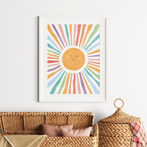 Póster de sol en acuarela, decoración de sala de juegos con sol, impresiones de acuarela para guardería, arte de pared para guardería, arte de pared con sol, decoración de habitación de niñas, descarga digital