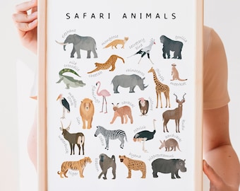 Poster animaux de safari, poster éducatif, décoration murale pour chambre d'enfant, décoration de salle de jeux, matériaux Montessori, impression d'animaux de la jungle, TÉLÉCHARGEMENT NUMÉRIQUE