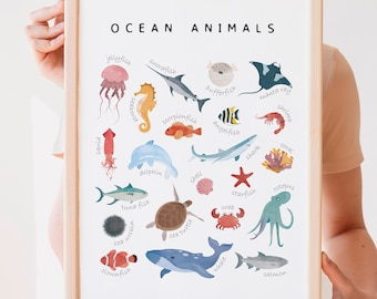 Può includere: Un grafico educativo colorato con illustrazioni di vari animali marini, tra cui una medusa, un pesce spada, un pesce palla, una manta, un gambero, un cavalluccio marino, un pesce scorpione, un pesce angelo, un calamaro, un delfino, un tonno, un riccio di mare, una conchiglia, uno squalo, una tartaruga marina, un granchio, una stella marina, un polpo, un pesce pagliaccio, una balena e un salmone. Il grafico è intitolato "ANIMALI MARINI".