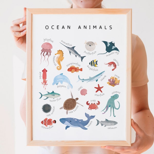 Ocean Animals Poster, Montessori Materials, Montessori Educational Posters, Nursery Wall Decor, Playroom Decor, Pre-School, DIGITAL DOWNLOAD