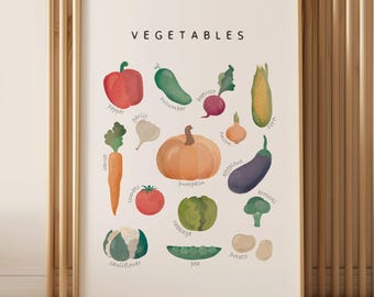 Watercolor Vegetables Poster Print, Nursery Food Print, Farmhouse Kitchen Art, Educational Vegetable Poster, Digital Download