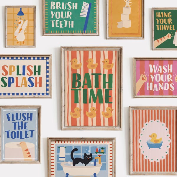 Kids Bathroom Print Set of 10, Splish Splash Rubber Duck Bathroom Decor, Morning Routine Posters, Striped Washroom Decor, Digital Download