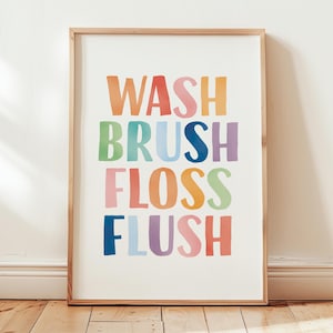 Wasborstelgaren flush poster, regenboog badkamer print, kinderbadkamer print, mondhygiëne grafiek, afdrukbare badkamer kunst, digitale download