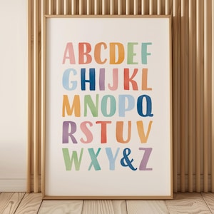 Rainbow Alphabet Poster, Watercolor ABC Print, Nursery Wall Art, Toddler Learning Chart, Montessori Educational Print, Digital Download