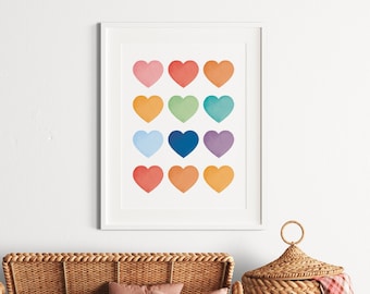 Hearts Poster, Hearts Playroom Decor, Watercolour Nursery Prints, Nursery Wall Art, Heart Wall Art, Girls Room Decor, Digital Download