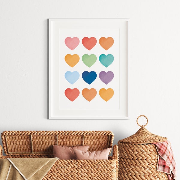 Hearts Poster, Hearts Playroom Decor, Watercolour Nursery Prints, Nursery Wall Art, Heart Wall Art, Girls Room Decor, Digital Download