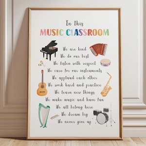 May include: A framed poster with the text "In this Music Classroom" and various musical instruments. The poster includes a piano, guitar, harp, accordion, saxophone, drums, and tambourine. The text lists classroom values.