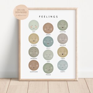 Cartel de sentimientos de tonos de tierra, gráfico de sentimientos, decoración de educación en el hogar, arte educativo, gráfico de emociones neutras, descarga digital