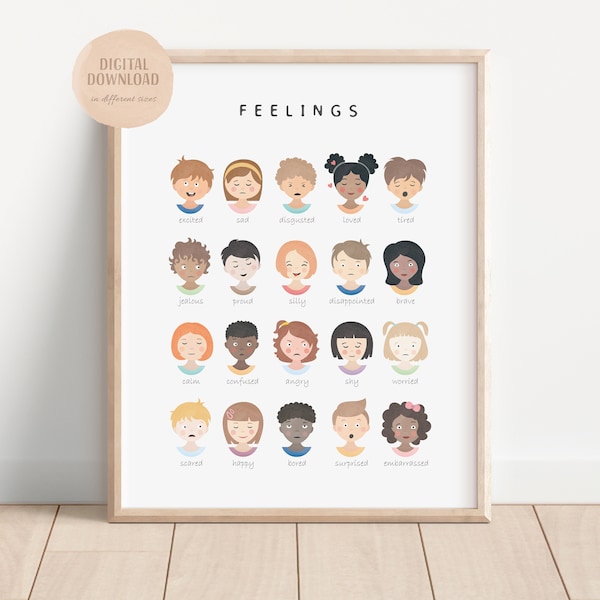 Feelings Poster, Montessori Homeschool Decor, Feelings Chart, Educational Art, Rainbow Emotions Chart, Digital Download