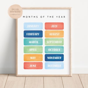 Regenbogen Monate des Jahres Poster, Spielzimmer Lernposter, Regenbogen Kinderzimmer Poster, Homeschool Dekor, Klassenzimmer Dekor, Digitaler Download