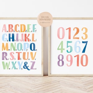 Homeschool Poster, Aquarell ABC Poster, Regenbogen Zahlen Druck, Regenbogen WandKUNST, Kinderzimmer Dekor, Digitaler Download