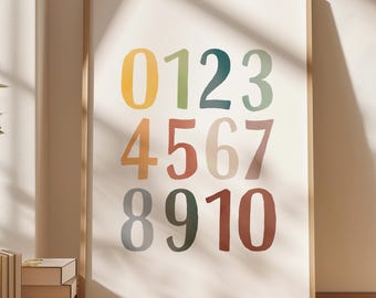 Póster de números de arcoíris, impresión para contar hasta diez en casa, decoración de pared para guardería, arte estético para sala de juegos, decoración de aula con arcoíris, descarga digital
