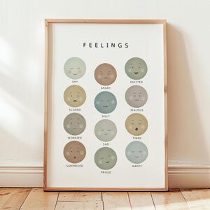 Feelings Chart Poster for Kids, Emotions Faces Art, Neutral Earth Tones Nursery Print, Social Emotional Learning Chart, Digital Download image 2