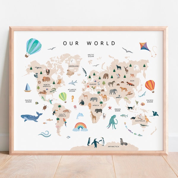 Animal World Map, Nursery Map, Safari Animals, Educational Poster, Nursery Wall Decor, Montessori Materials, Kids Poster, DIGITAL DOWNLOAD