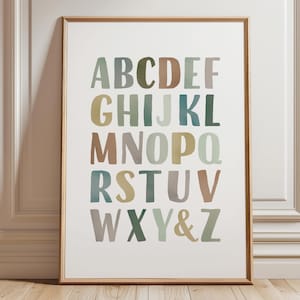 Earth Tones Alphabet Poster, Educational Poster, ABC Print, Nursery Alphabet, Neutral Classroom Decor, Watercolor Alphabet, Digital Download