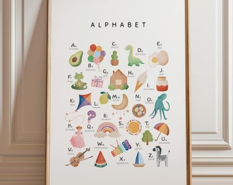 Póster del alfabeto arcoíris, impresión del alfabeto para guardería, decoración arcoíris para sala de juegos, póster del alfabeto bohemio, póster educativo, educación en casa, descarga digital