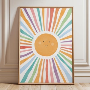 Kinderzimmer Sun Poster, Spielzimmer Sun Print, Boho Kinderzimmer Wanddekor, niedlicher Sun Print, Mädchenzimmer Dekor, Regenbogen Spielzimmer, digitaler Download