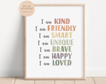 Kids Positive Affirmation Wall Art, Daily Affirmations Poster, Positive Playroom, Printable Wall Art, Motivational Poster, DIGITAL DOWNLOAD