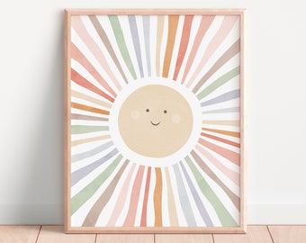 Watercolor Sun Poster, Boho Sun Print, Nursery Wall Art, Girls Room Decor, Neutral Playroom Poster, Sun Playroom Decor, Digital Download