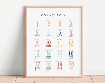 Count to 20, Numbers Poster, Educational Print, Homeschool Decor, Rainbow Numbers 1-20 Poster, Montessori Nursery, Digital Download