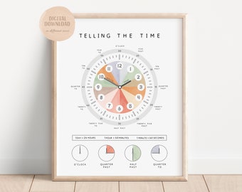 Póster "La hora", imprimibles, decoración arcoíris para la sala de juegos, póster educativo para niños, descarga digital