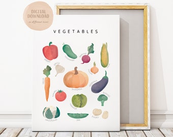 Vegetables Educational Print, Classroom Decor, Watercolour Vegetables Poster, Rainbow Vegetables, Learning Poster, Montessori Nursery Poster