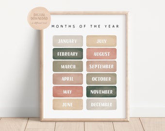 Neutral Months of the Year Poster, Playroom Educational Poster, Nursery Print, Homeschool  Decor, Classroom Decor, Digital Download