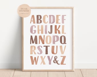 Neutral Alphabet Poster, Beige Watercolour Alphabet, ABC Print, Nursery Alphabet Printable Wall Art, Educational Wall Art, Digital Download