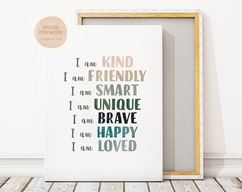Kids Positive Affirmation Wall Art, Daily Affirmations Poster, Positive Playroom, Printable Wall Art, Motivational Poster, DIGITAL DOWNLOAD