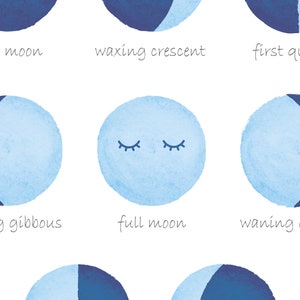May include: A watercolor illustration of the phases of the moon. The illustration shows the new moon, waxing crescent, first quarter, waxing gibbous, full moon, waning gibbous, last quarter, and waning crescent.