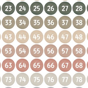 May include: A chart with 6 rows and 8 columns of circles, each containing a number from 22 to 79. The circles are in shades of green, brown, beige, pink, and gray.