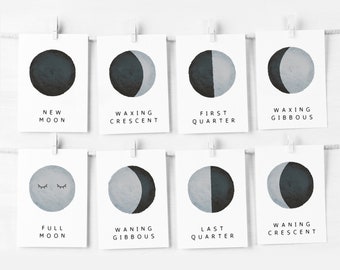 Moon Phases Flash Cards, Toddler Flash Cards, Educational Flash Cards, Montessori Nursery, Homeschool Decor, Digital Download