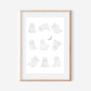 Puede incluir: Una impresi&oacute;n de arte imprimible con una ilustraci&oacute;n de acuarela de nueve fantasmas blancos con mejillas rosadas, cada uno en una pose diferente. Los fantasmas est&aacute;n dispuestos en una cuadr&iacute;cula sobre un fondo blanco. Una luna creciente est&aacute; en la esquina superior derecha.