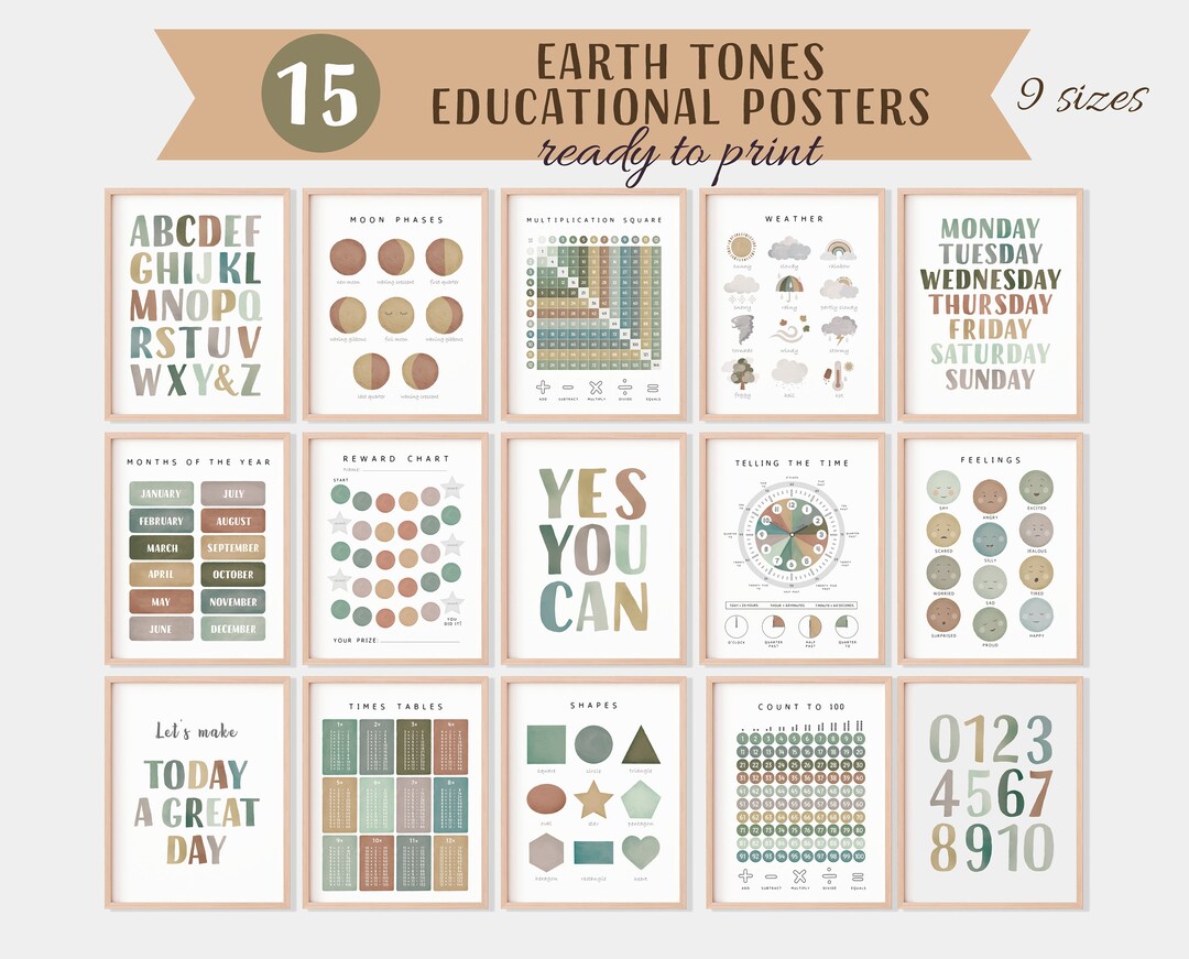 Earth Tones Educational Posters Set, 15 Homeschool Prints, Montessori ...
