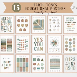 Ensemble d'affiches éducatives tons terre, 15 impressions d'école à la maison, décoration de salle de classe Montessori, décoration de salle de jeux pour tout-petits, téléchargement numérique